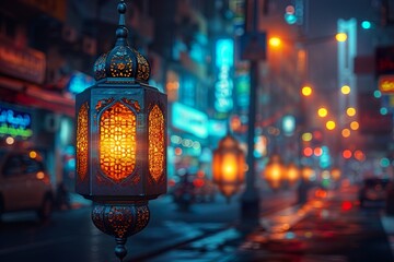Group of arabic ramadan lantern candle at ramadan holy month night for world Islamic or muslim holiday with happy eid day and new year street light