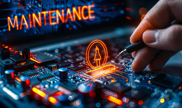 Corporate executive interacting with a futuristic global maintenance concept, showcasing proactive worldwide system support and digital repair services