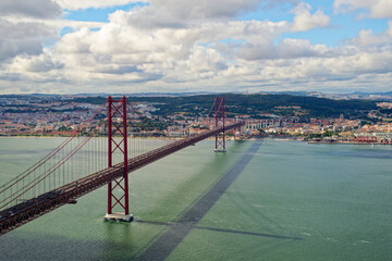 View of the 25 April Bridge in Lisbon, Portugal. 
