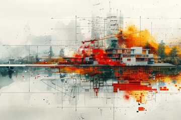Abstract colorful 3d rendering of a futuristic city with a building in the center