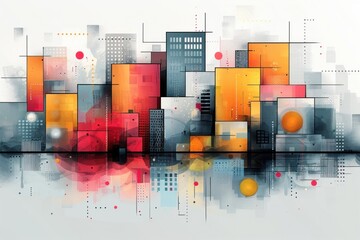 Abstract cityscape with geometric shapes and vibrant colors, perfect for modern and creative designs