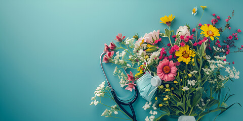 Flowers with mask and stethoscope on blue background. Happy nurse day concept. copy space. generative ai  - obrazy, fototapety, plakaty