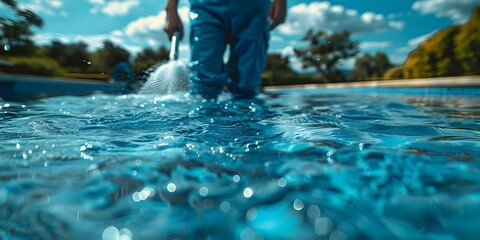 A person in a blue uniform using a net to clean a swimming pool on a sunny day. Concept Swimming pool maintenance, Pool cleaning services, Outdoor work, Blue uniform, Sunny day