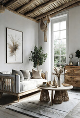 Scandinavian farmhouse living room interior, wall mockup, 3d render. Generative AI.