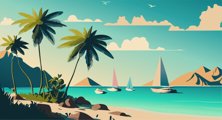 Tropical landscape with ship mountains and palm trees