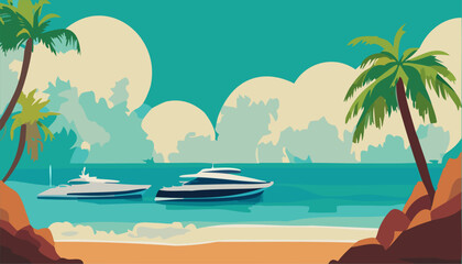 Fototapeta na wymiar Tropical landscape with ship and palm trees