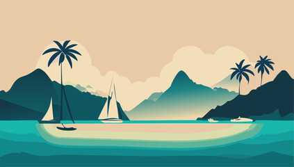 Fototapeta na wymiar Tropical landscape with ship mountains and palm trees