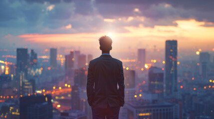 Silhouette of a businessperson looking out over city skyline at dawn, conceptualizing new beginnings