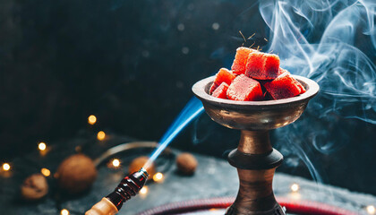 Shisha hookah with red hot coals. Sparks from breathe. Modern hookah with coconut charcoal and shisha smoke. Hookah and sparks from coals. - obrazy, fototapety, plakaty
