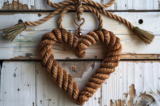 Heart shaped rope and a double gold ring on white wooden background 
