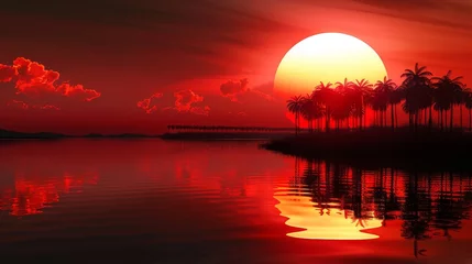  A sunset over a body of water with palm trees in the background © hakule