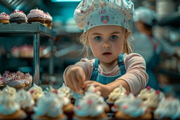 A young girl in a chef's hat is making cupcakes. Generative AI.