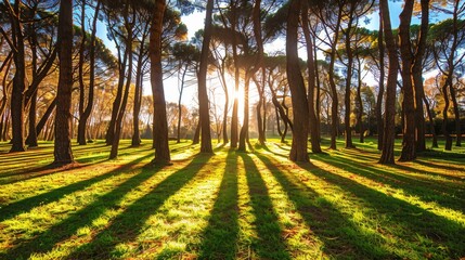 A forest with trees in the foreground and a sun in the background