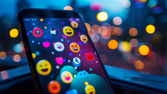 Smartphone screen with colorful emoji reactions floating over a city nightscape