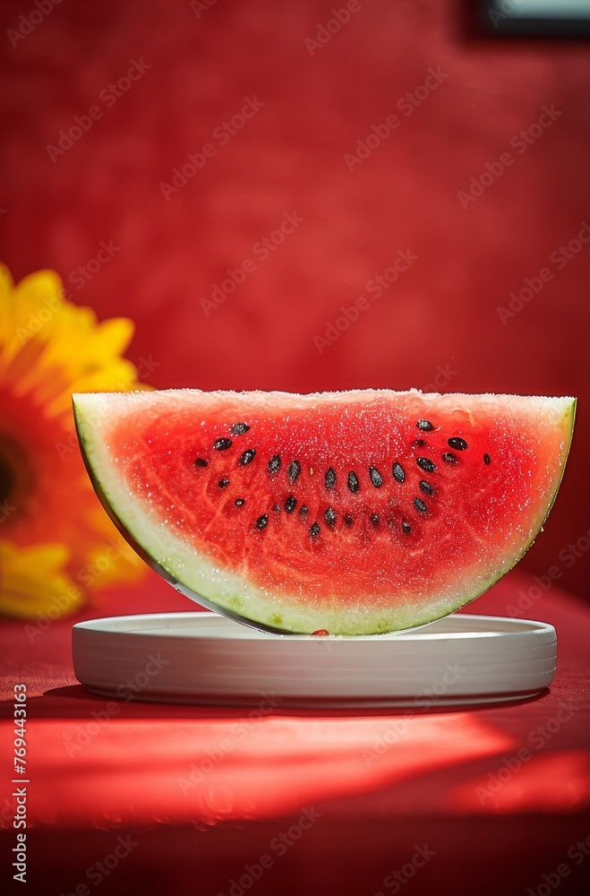 Wall mural a slice of watermelon is on a white plate