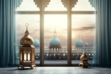 Eid mubarak and ramadan kareem greetings with islamic lantern and mosque. Eid al fitr background