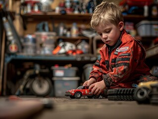 A young boy playing with a toy car in a garage. Generative AI.