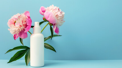 Stunning peonies displayed with a lotion bottle on a tranquil blue background, depicting freshness and natural skincare