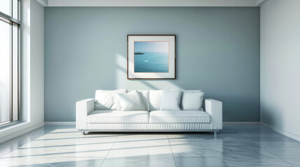 Minimalist living room with a modern white sofa and two blank frames, embodying contemporary interior design and simplicity