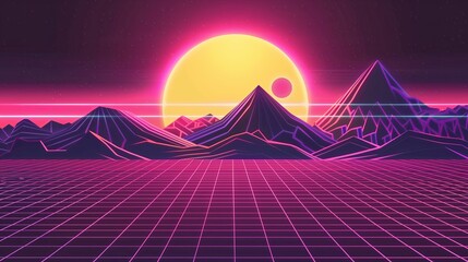 1980s Retro-Futuristic Synthwave Landscape: Cyber Terrain with Neon Sun, Mountains & Laser Grid - obrazy, fototapety, plakaty