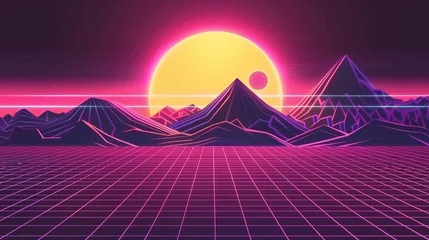 Fotobehang 1980s Retro-Futuristic Synthwave Landscape: Cyber Terrain with Neon Sun, Mountains & Laser Grid © W&S Stock