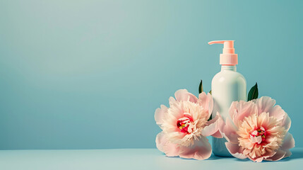 Fototapeta na wymiar Peony flowers adorned on a cosmetic bottle against a pastel blue background, symbolizing beauty and skincare