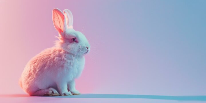 A white rabbit sitting on a pink and blue background. Generative AI.