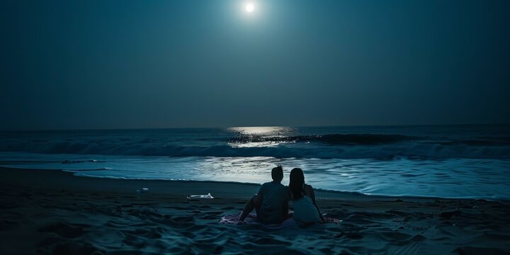 A couple sitting on a beach at night under a full moon. Generative AI.