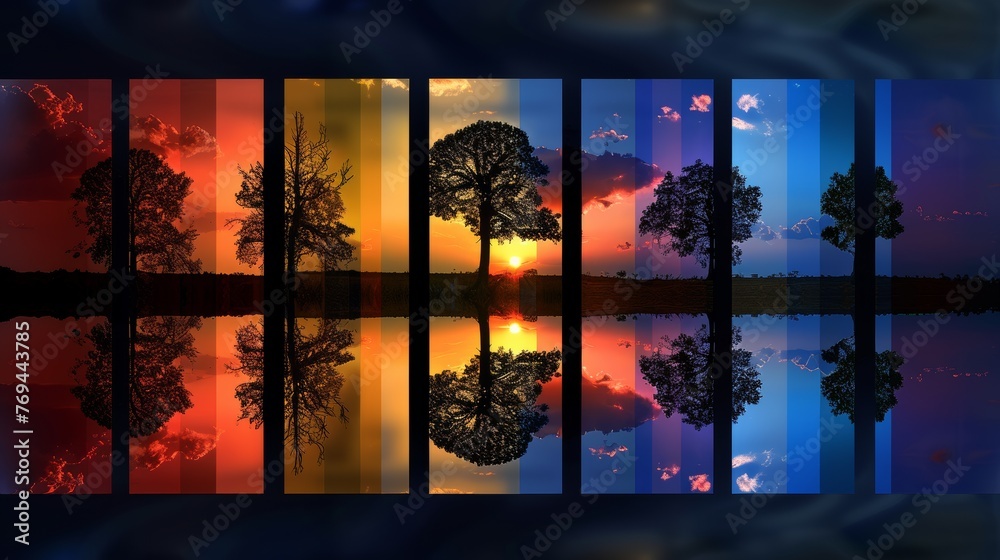 Wall mural A series of images of trees and water with a sunset in the background