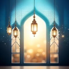Obraz premium Eid mubarak and ramadan kareem greetings with islamic lantern and mosque. Eid al fitr background