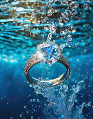 Diamond ring falls into deep water, AI generated