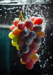 A bunch of ripe grapes falling into water, AI generated