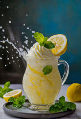 A jug of sweet and refreshment lemon bingsu juice in black tray, AI generated