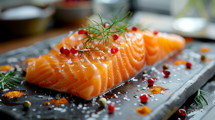 Raw salmon fillets pepper salt and dill  on stone plate - obrazy, fototapety, plakaty