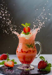 A jug of sweet and refreshment strawberry bingsu juice in black tray, AI generated