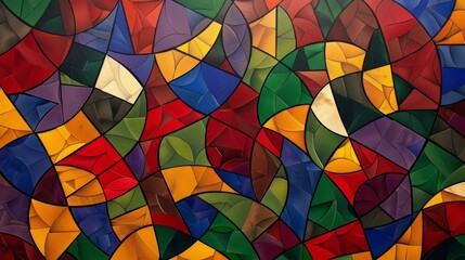 A colorful abstract painting featuring interlocking geometric shapes in various sizes and shades, background, wallpaper