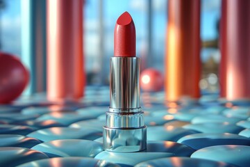Elegant silver metal lipstick tube with red lipstick on blue stone table with blurred background
