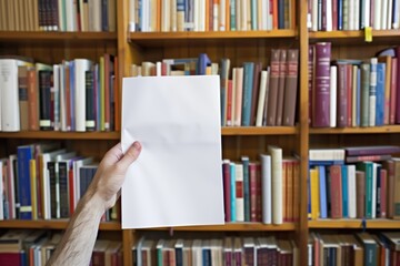 hand with blank paper in front of a bookshelf full of books