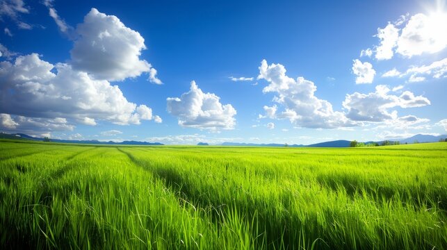 A field of green grass with a blue sky in the background