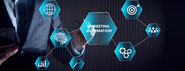 Marketing automation and icons on virtual screen.