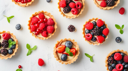 Tartlets with different fresh berries on light table, flat lay. Generative Ai - obrazy, fototapety, plakaty