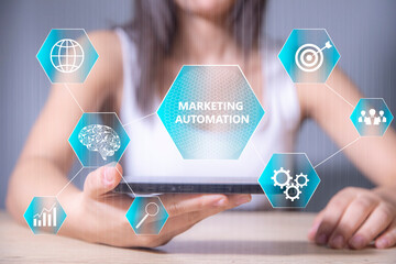 Marketing automation and icons on virtual screen.