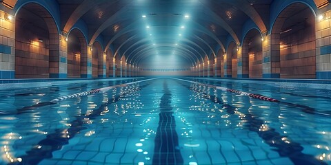 Captivating Image of an Empty Olympic Indoor Swimming Pool with Crystal Blue Water Perfect for Sports Background. Concept Sports Background, Olympic Swimming Pool, Crystal Blue Water, Indoor Setting - obrazy, fototapety, plakaty