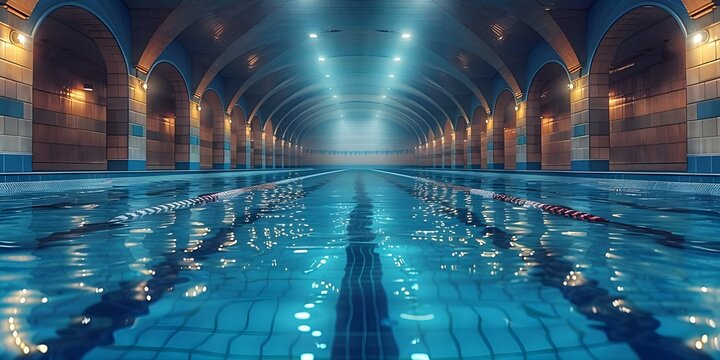 Captivating Image of an Empty Olympic Indoor Swimming Pool with Crystal Blue Water Perfect for Sports Background. Concept Sports Background, Olympic Swimming Pool, Crystal Blue Water, Indoor Setting