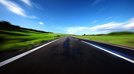 A blurry shot of a road with a blue sky in the background