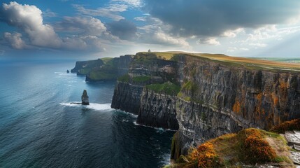 A beautiful view of the ocean with a cliff in the background