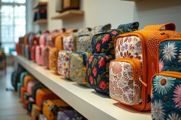 Colorful Backpacks and Bags Displayed in a Store for Fashionable Accessories Shopping - obrazy, fototapety, plakaty