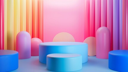 Group of colorful stools against vibrant wall