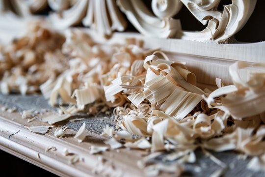 closeup of wood shavings from a carved maple sideboard