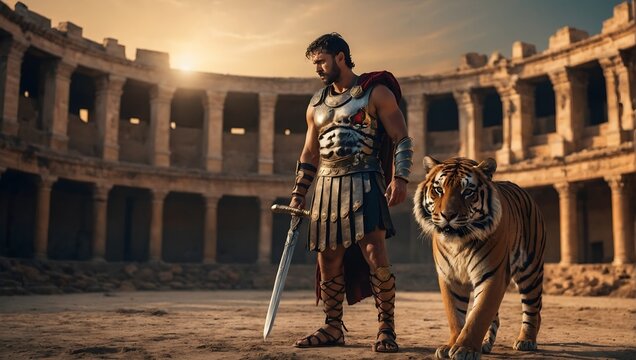 a roman gladiator stands in a dusty arena
